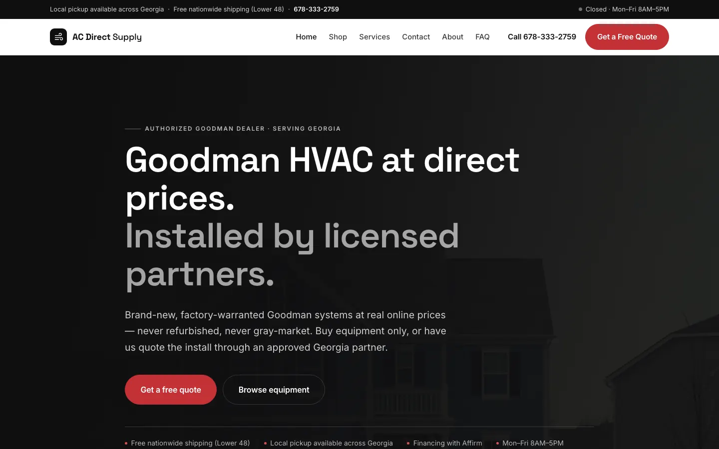 Current AC Direct Supply homepage with Goodman HVAC catalog and quote paths