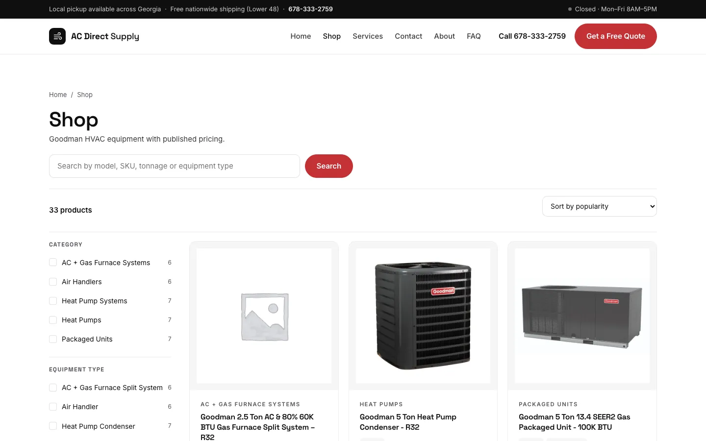 Current AC Direct Supply shop with search, category filters, products, and published pricing
