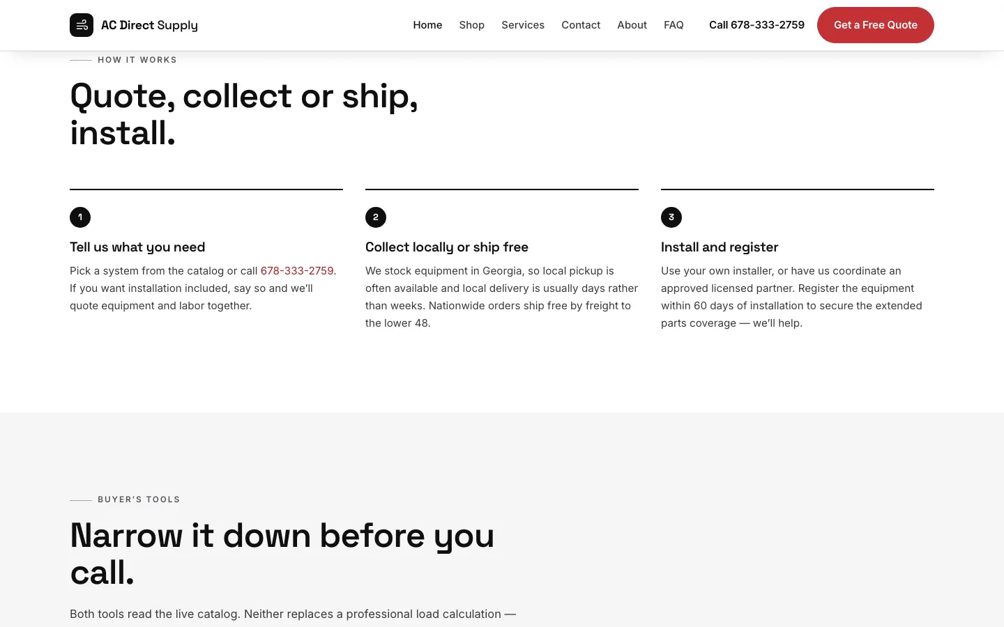 Current AC Direct Supply public workflow showing quote, local collection or shipping, and installation steps