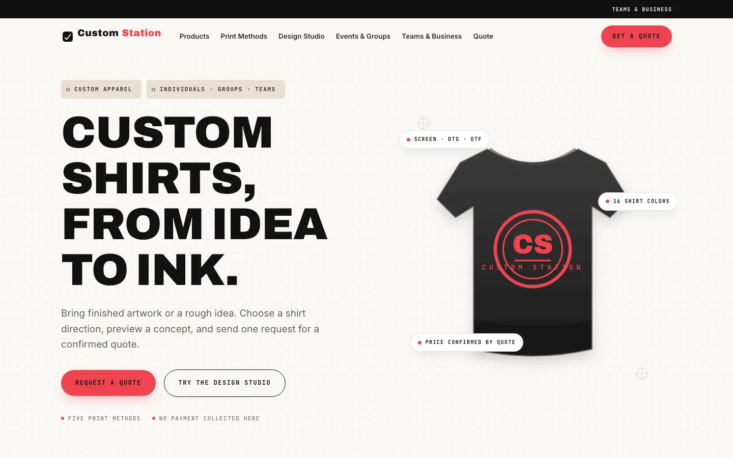 Custom Station ATL homepage with quote and Design Studio entry paths