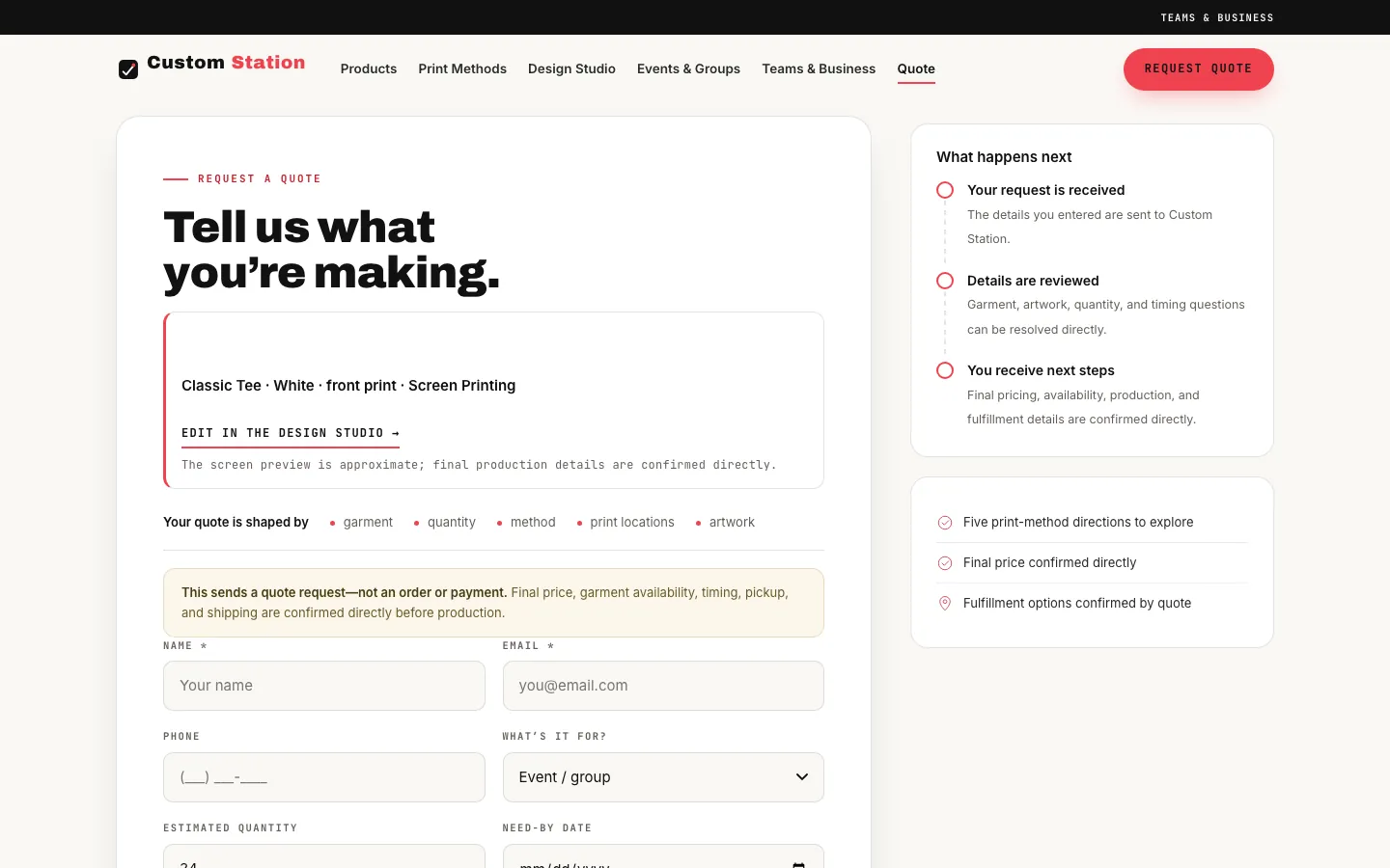 Custom Station ATL quote page carrying Design Studio choices into a structured request