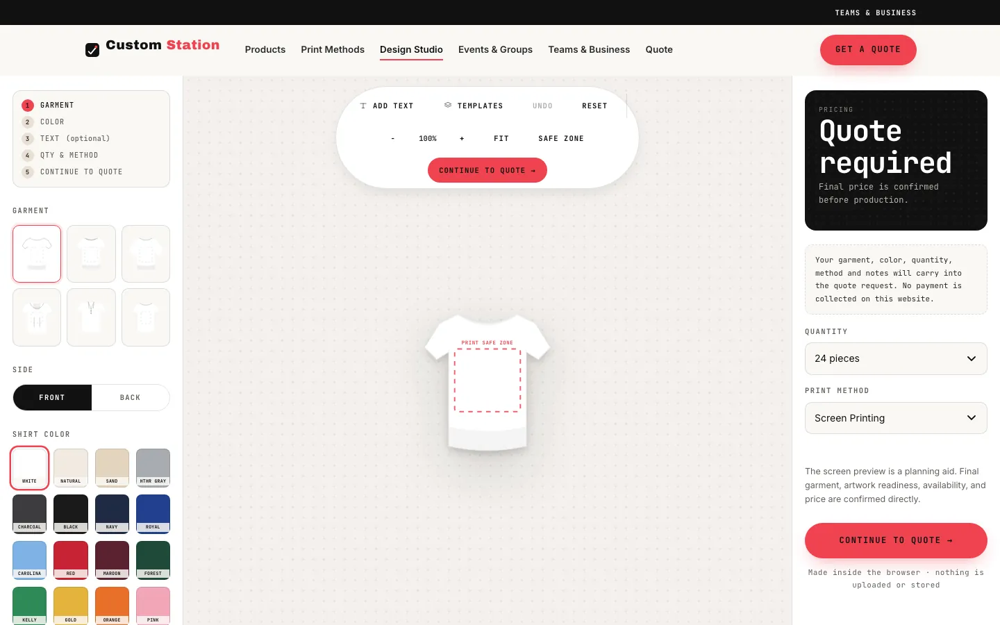 Custom Station ATL browser-based Design Studio with garment, color, quantity, and print-method controls